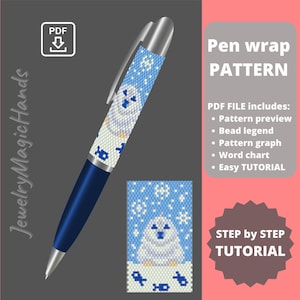 Pode incluir: Um padrão de miçangas para um envoltório de caneta com um urso polar branco com flocos de neve azuis sobre um fundo azul claro. O padrão inclui uma legenda de miçangas, um gráfico, uma tabela de palavras e um tutorial fácil. Arquivo PDF.