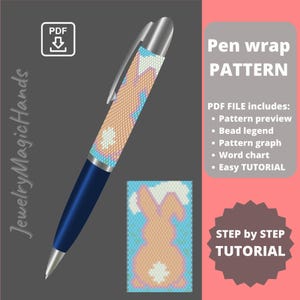 Puede incluir: Un patrón PDF para una envoltura de bolígrafo con cuentas con un diseño de conejo lindo. El patrón incluye una vista previa, una leyenda de cuentas, un gráfico, una tabla de palabras y un tutorial fácil.