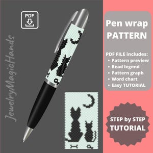 Könnte beinhalten: Ein PDF-Muster für eine Perlen-Stiftummantelung mit einem Design aus zwei schwarzen Katzen unter einem Halbmond. Das Muster enthält eine Perlenlegende, ein Diagramm, eine Worttabelle und eine einfache Anleitung.