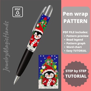 Puede incluir: Un patrón PDF para un envoltorio de bolígrafo de cuentas con un pingüino que lleva un gorro de Papá Noel y está de pie frente a un árbol de Navidad. El patrón incluye una leyenda de cuentas, un gráfico, una tabla de palabras y un tutorial fácil.