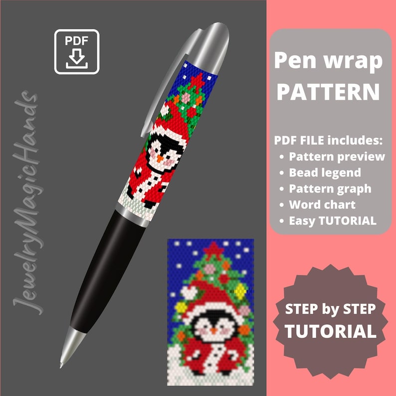 May include: A PDF pattern for a beaded pen wrap featuring a penguin wearing a Santa hat and standing in front of a Christmas tree. The pattern includes a bead legend, graph, word chart, and easy tutorial.