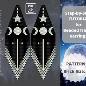 Moon star earrings pattern | Step-By-Step TUTORIAL brick stitch earrings | Celestial long beaded dangle novelty earrings | Digital PDF | DIY