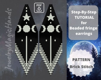 Moon star earrings pattern | Step-By-Step TUTORIAL brick stitch earrings | Celestial long beaded dangle novelty earrings | Digital PDF | DIY