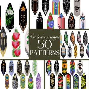May include: A selection of beaded earring patterns featuring diverse designs, including floral, geometric, and animal themes. The image showcases a range of colourful earrings with patterns like a cat, a star, and a rainbow. The text "beaded earrings 50 PATTERNS" is also visible.