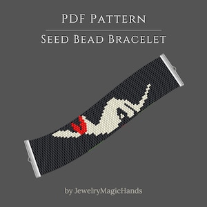 May include: A PDF pattern for a seed bead bracelet featuring a black background with a white and red graphic design. The text reads PDF PATTERN SEED BEAD BRACELET by JewelryMagicHands. The bracelet has silver-toned metal end bars.