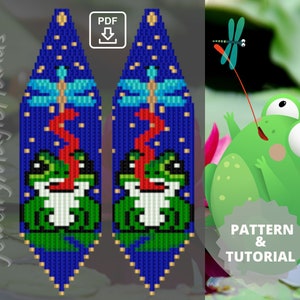 Frog Dragonfly Pattern Beaded  Fringe Earrings -  DIY Step-by-Step Tutorial - Seed Bead Brick Stitch Design - Digital PDF - Handmade Gift
