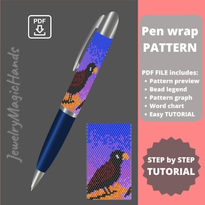Könnte beinhalten: Ein Perlen-Stift-Wickel-Muster mit einem farbenfrohen Vogeldesign. Das Muster enthält eine Perlenlegende, ein Diagramm, eine Wortliste und eine einfache Anleitung. PDF-Datei zum Download.