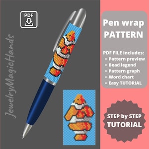 May include: A PDF pattern for a beaded pen wrap featuring a colorful clownfish design. The pattern includes a preview, bead legend, graph, word chart, and easy tutorial.