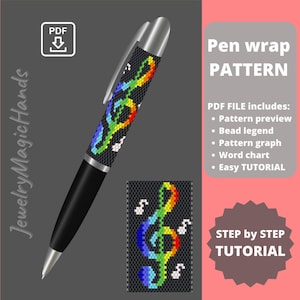 G-sleutel muziek Wikkelpatroon stift | Stap voor stap TUTORIAL | Grappige pennenhoes | Peyotesteek met kralen, pdf digitaal | Handgemaakt CADEAU voor haar