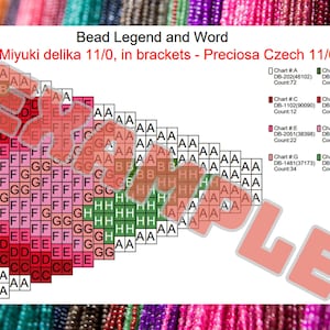 Puede incluir: Un detallado gr&aacute;fico de leyenda de cuentas con patrones codificados por colores y bloques con letras. El gr&aacute;fico incluye texto que indica las cuentas Miyuki delika y Preciosa Czech, con recuentos para cada color. El dise&ntilde;o es para proyectos de abalorios.