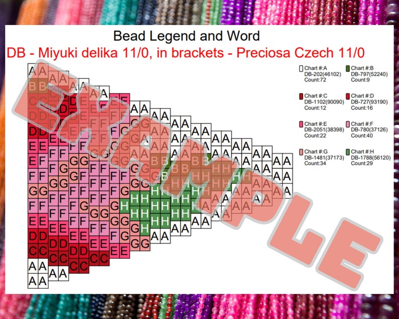 Puede incluir: Un detallado gr&aacute;fico de leyenda de cuentas con patrones codificados por colores y bloques con letras. El gr&aacute;fico incluye texto que indica las cuentas Miyuki delika y Preciosa Czech, con recuentos para cada color. El dise&ntilde;o es para proyectos de abalorios.