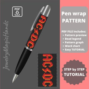 May include: A black pen with a silver tip and clip, featuring the text "AC/DC" in orange. The pen wrap pattern is displayed with a PDF download icon and the words "Pen wrap PATTERN". The image also includes a step-by-step tutorial.