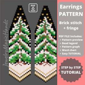 Christmas tree earrings, Xmas fringe dangle beaded earrings, Brick stitch seed bead pattern, PDF tutorial Miyuki Delica, Do it yourself