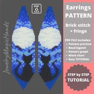 Może przedstawiać: Cyfrowy wzór na koralikowe kolczyki z motywem księżyca i kota. Wzór wykonany jest ściegiem ceglanym i frędzlami. Wzór zawiera podgląd, legendę koralików, wykres, tabelę słów i samouczek.