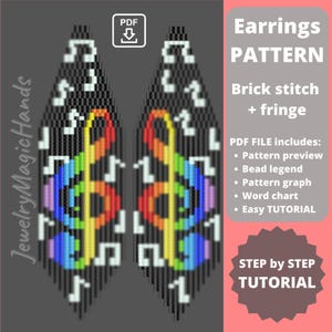 May include: A PDF pattern for beaded earrings with a rainbow and music note design. The pattern includes a preview, bead legend, graph, word chart, and easy tutorial. The earrings are made with brick stitch and fringe.