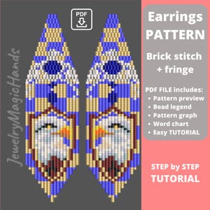 May include: A digital pattern for beaded earrings. The design features a blue, gold, and white eagle motif. The text on the image says "Earrings Pattern" and "Brick stitch + fringe". The PDF file includes a pattern preview, bead legend, pattern graph, word chart, and easy tutorial.
