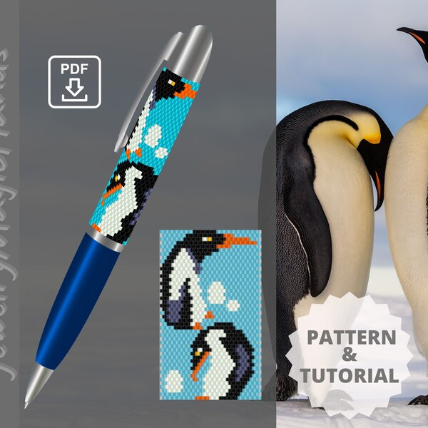 Pen wrap Christmas Penguin pattern Step by step TUTORIAL pen cover Beaded peyote stitch PDF digital Do it yourself Handmade GIFT for her him