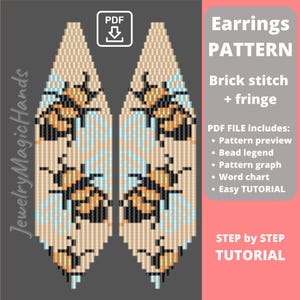 Puede incluir: Un patrón PDF digital para pendientes, con un diseño de punto de ladrillo con flecos. Los pendientes tienen un fondo beige con un patrón de insectos naranjas y negros y acentos azul claro. El patrón incluye una vista previa, una leyenda, un gráfico y un tutorial.
