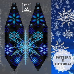 Puede incluir: Un patrón y tutorial descargable digital para pendientes de cuentas con forma de copo de nieve. Los pendientes son negros con diseños de copos de nieve azules y blancos. El patrón está disponible para descargar en PDF.