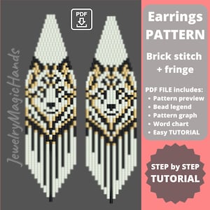 Puede incluir: Un patrón digital para pendientes de cuentas con un diseño de lobo en negro, blanco y dorado. El patrón incluye un tutorial paso a paso y es para punto de ladrillo con flecos.