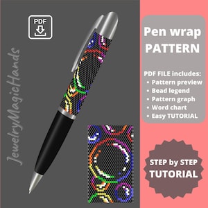 May include: A black pen with a silver tip and clip, featuring a colorful beaded pattern. The image includes a close-up of the pattern and text that says "Pen wrap PATTERN" and "STEP by STEP TUTORIAL".