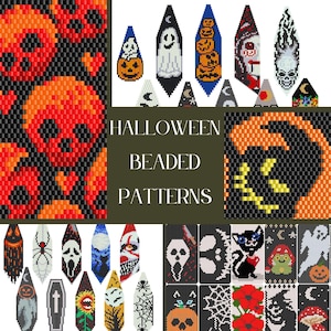 May include: A collection of Halloween-themed beaded patterns. The image features various designs, including skulls, ghosts, pumpkins, and other spooky motifs. The text "HALLOWEEN BEADED PATTERNS" is displayed in the center. The patterns are in shades of orange, black, white, and blue.