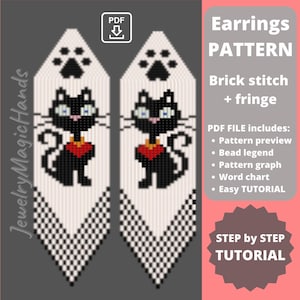 黒猫のイヤリングのパターン | ユニークなブリックステッチのパターン ミユキデリカ | ロングビーズダングルノベルティイヤリング | デジタルPDF | 自分で作る