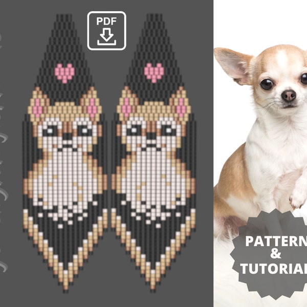 Chihuahua earrings pattern, Dog fringe dangle beaded earrings, Brick stitch seed bead Miyuki Delica, PDF tutorial, Do it yourself