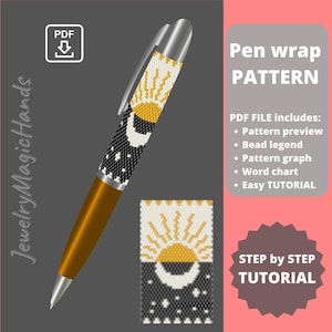 May include: A digital pattern for a beaded pen wrap featuring a sun and moon design with black, white, and gold beads. The pattern includes a bead legend, graph, word chart, and easy tutorial.  PDF FILE includes: Pattern preview, Bead legend, Pattern graph, Word chart, Easy TUTORIAL. STEP by STEP TUTORIAL.
