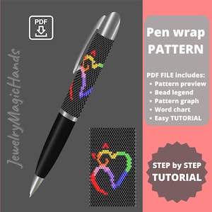 May include: A black pen with a silver clip and a patterned wrap with a colourful heart design. The image includes text that says "Pen wrap PATTERN" and "PDF FILE includes: Pattern preview, Bead legend, Pattern graph, Word chart, Easy TUTORIAL".