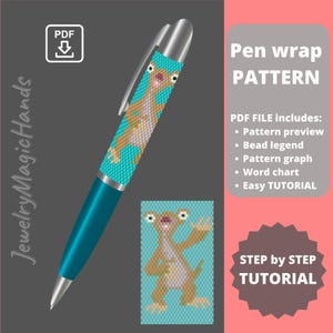 Könnte beinhalten: Ein PDF-Muster für eine Perlen-Stiftummantelung mit einem Cartoon-Faultier. Das Muster enthält eine Vorschau, eine Perlenlegende, ein Diagramm, eine Worttabelle und eine einfache Anleitung.