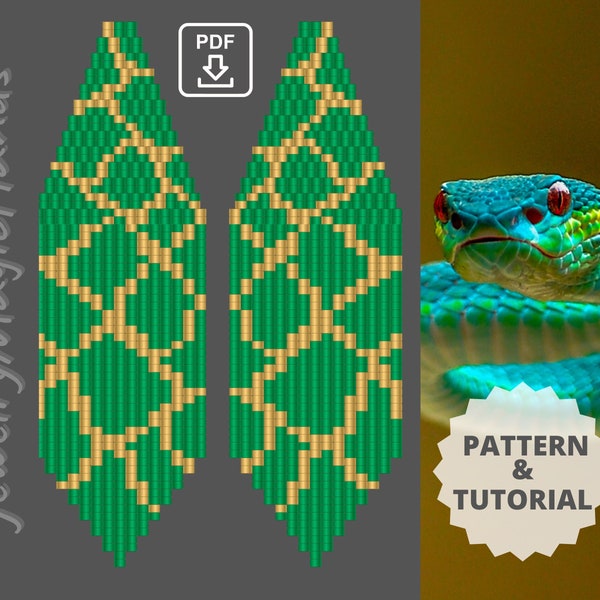 Snake fringe earrings, Seed bead snake earrings, Miyuki delica, PDF earrings pattern, Fringe long earrings, Pattern brick stitch