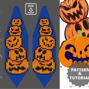 Op de afbeelding: Een digitaal patroon en tutorial voor kralen oorbellen met een stapel oranje en zwarte Halloween pompoenen. Het patroon is beschikbaar als PDF-download.