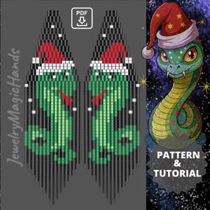 May include: A beading pattern and tutorial for a pair of Christmas-themed earrings featuring a green snake wearing a Santa hat. The earrings are black and green with white snowflakes. The pattern is for sale as a PDF download.
