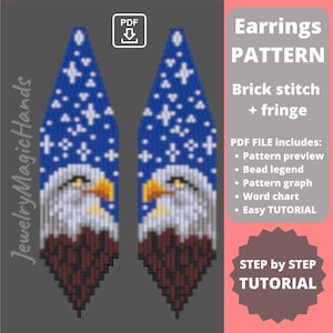 May include: A digital pattern for beaded earrings featuring a bald eagle with a blue and white background. The pattern is for brick stitch and fringe and includes a step-by-step tutorial.