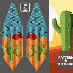 May include: A digital pattern and tutorial for beading earrings featuring a desert landscape with a cactus, sunset, and blue sky. The pattern is available as a PDF download. The text "JewelryMagicHands" and "PATTERN & TUTORIAL" are also visible.