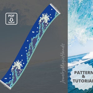Puede incluir: Un brazalete de cuentas azul y blanco con un diseño de ola y palmera. El brazalete se muestra sobre un fondo gris con un icono de descarga y el texto "PDF". La imagen también muestra un primer plano de una ola rompiendo en el océano.