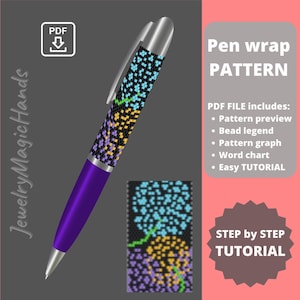 May include: A beaded pen wrap pattern with a colorful floral design. The pattern includes a bead legend, graph, word chart, and easy tutorial.  PDF file download.