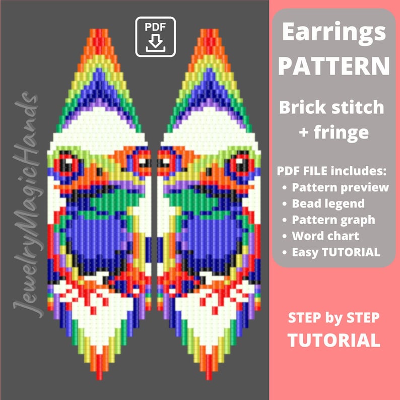 Pode incluir: Um padr&atilde;o digital para brincos de contas. O design apresenta duas figuras sim&eacute;tricas, coloridas, semelhantes a sapos, com olhos vermelhos e uma franja arco-&iacute;ris. O texto diz "Earrings PATTERN" e "Brick stitch + fringe".
