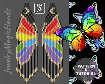 Pode incluir: Um padrão e tutorial para download digital para brincos de contas com um design de borboleta arco-íris. Os brincos são pretos com contas de cores arco-íris e detalhes dourados. A imagem também inclui um gráfico de borboleta colorido com o texto "PATTERN & TUTORIAL".