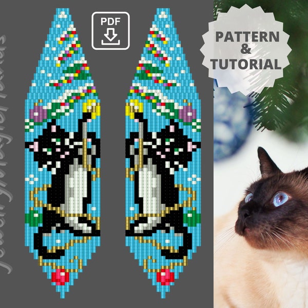 Christmas black cat earrings, Xmas fringe dangle beaded earrings, Brick stitch seed bead pattern, PDF tutorial Miyuki Delica, Do it yourself