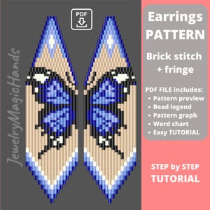 Puede incluir: Un patrón PDF digital para pendientes de cuentas. El diseño presenta un motivo de mariposa en tonos de azul, negro y beige, creado con técnicas de punto de ladrillo y flecos. El patrón incluye una vista previa del patrón, una leyenda de cuentas, un gráfico de patrón, una tabla de palabras y un tutorial fácil.