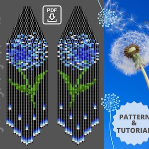 May include: A digital download pattern and tutorial for beaded earrings featuring a blue flower with green stem on a black background. The image also includes a dandelion with seeds blowing in the wind.