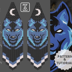Pendientes Lobo y Luna Tutoriales pendientes colgantes con flecos Patrón de puntada de ladrillo con cuentas, Patrón PDF digital Patrón de cuentas de semillas Hazlo tú mismo