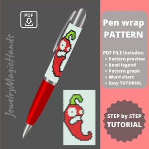 May include: A PDF pattern for a beaded pen wrap featuring a red chili pepper with a green stem and a white background. The pattern includes a bead legend, graph, word chart, and easy tutorial.