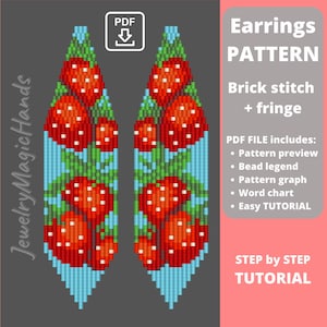 May include: A digital PDF pattern for beaded earrings. The design features red strawberries with white dots on a blue background. The text on the image says "Earrings Pattern" and "Brick stitch + fringe". The PDF includes a pattern preview, bead legend, and tutorial.