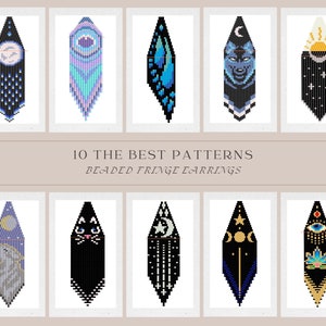 Puede incluir: 10 patrones de pendientes de flecos de cuentas con varios diseños, incluyendo un lobo, un gato, una mariposa, una luna, un sol y un ojo. Los patrones son todos en blanco y negro con algunos acentos de color.