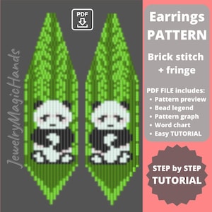 May include: PDF pattern for beaded earrings featuring a panda bear design in black, white, and green. The pattern includes a bead legend, graph, word chart, and easy tutorial. "Earrings PATTERN Brick stitch + fringe" and "STEP by STEP TUTORIAL" are written on the image.
