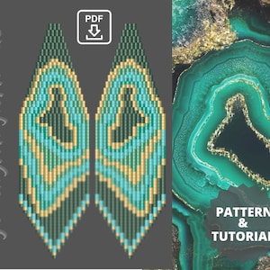 Puede incluir: Un patrón PDF y un tutorial para pendientes de cuentas inspirados en ágata. Los pendientes son verdes, azules y dorados con un diseño geométrico.