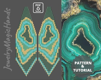 Pode incluir: Um padrão PDF e um tutorial para brincos de contas inspirados em ágata. Os brincos são verdes, azuis e dourados com um design geométrico.